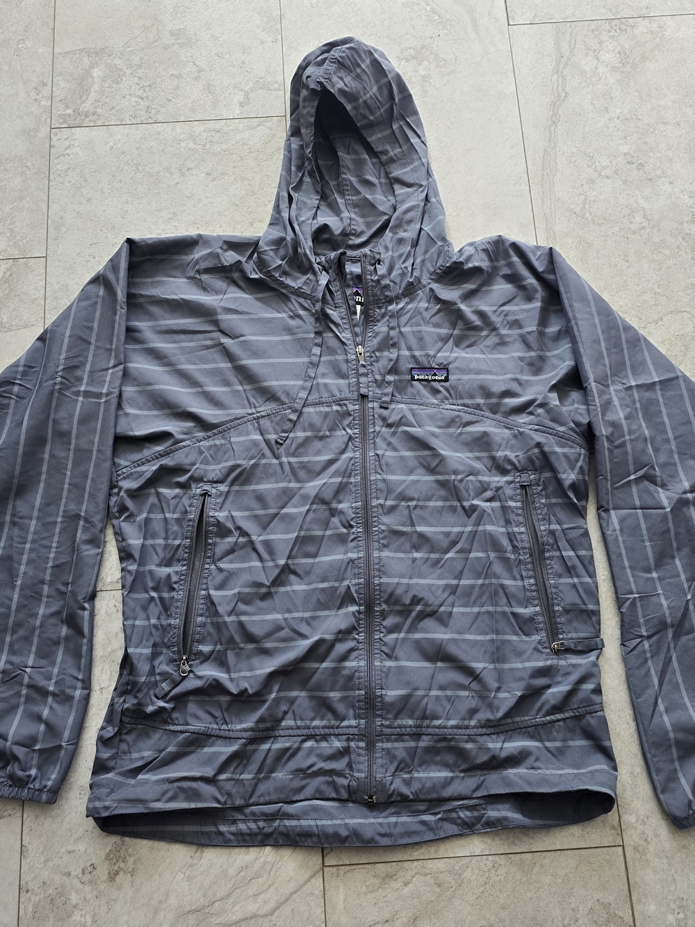 Patagonia Men’s Slate Gray Striped Hooded Windbreaker